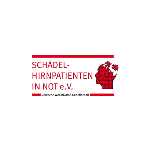 Logo des Vereins Schädel-Hirnpatienten in Not e. V., mit rotem Puzzle-Profil eines Kopfes